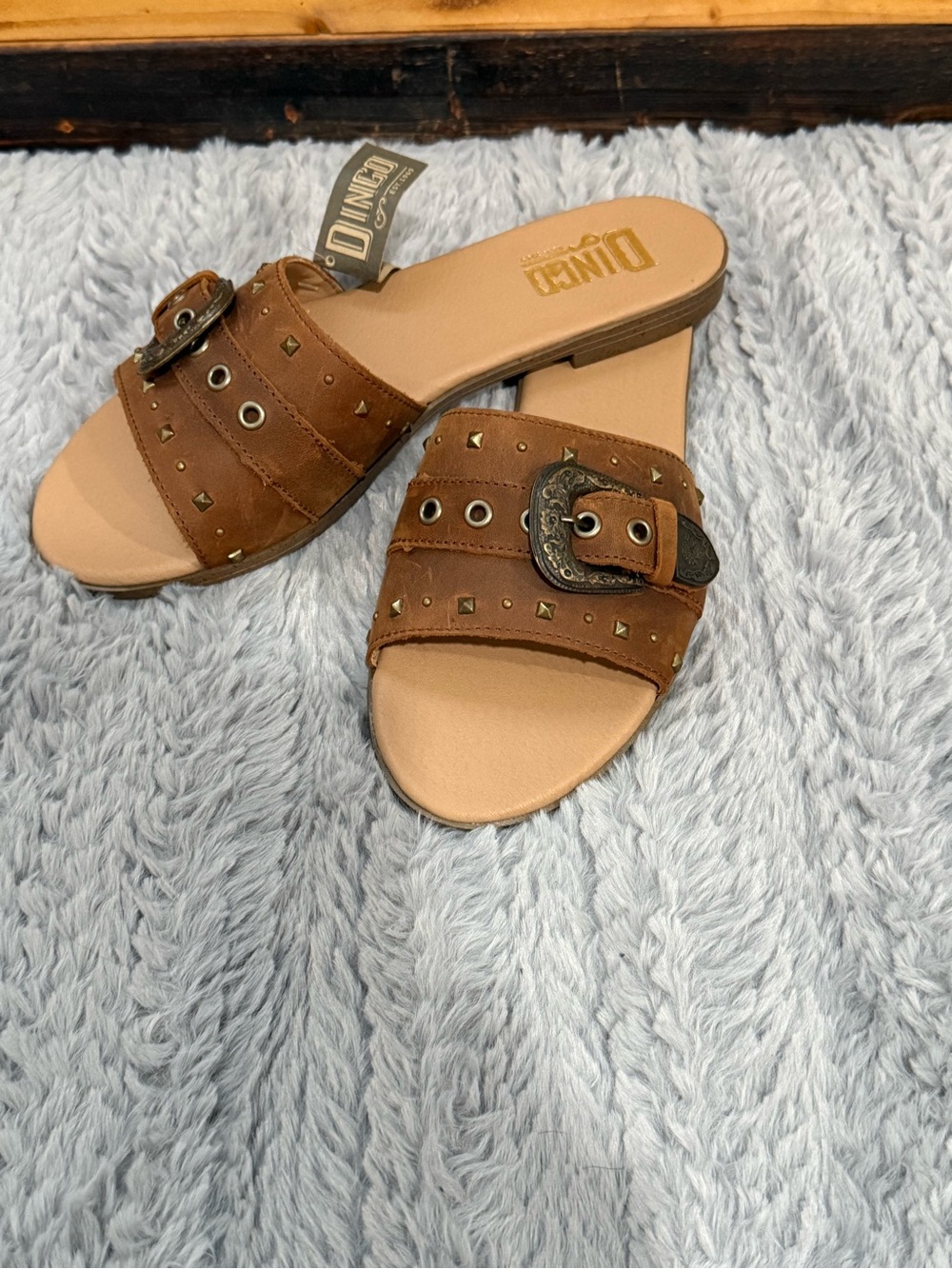 dingo Brown Studded Buckle Slide Mules